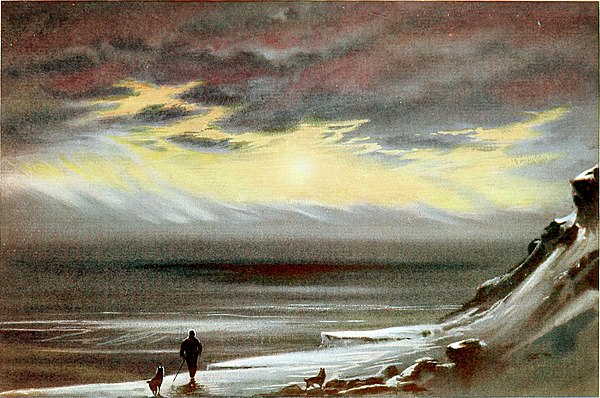 Watercolor of a man and two dogs viewing illuminated clouds over a bay