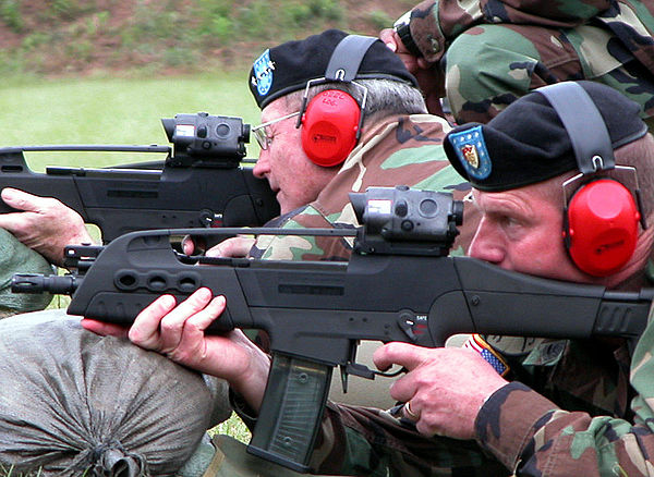 U.S. Army leaders test fire the compact set-up of the XM8 at Fort Benning, Georgia in August 2004.