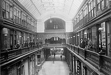 The original Yonge Street Arcade building, circa 1885. The shopping centre was opened in 1884 and operated until it was demolished in 1954 and replaced with the new Arcade Building. Yonge-arcade-interior-1885.jpg