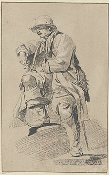 Zittende man, naar links gewend, met hoed, snor, sabel en pijp