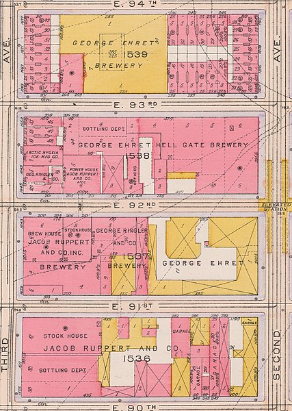 File:"GEORGE EHRET HELL GATE BREWERY" "JACOB RUPPERT AND CO. INC. BREWERY" "GEORGE RINGLER AND CO. BREWERY" map in 1916, from- Bromley Manhattan Plate 119 publ. 1916 (cropped).jpg