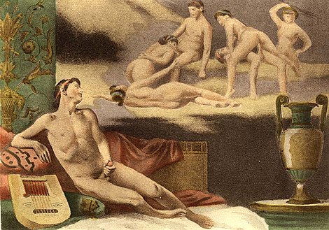 One of the illustrations to De figuris Veneris by Édouard-Henri Avril. It portrays a male masturbating while sexually fantasizing.