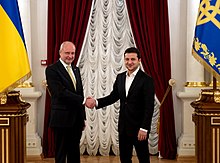 On November 7, 2019, President of Ukraine Volodymyr Zelensky received his credentials from EU Ambassador Matti Maasikas Prezident Ukrayini Volodimir Zelens'kii ta posol IeS Matti Maasikas.jpg
