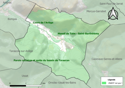 Carte des ZNIEFF de type 1 sur la commune.