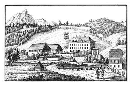 Gstatt castle in Mitterberg, S. Kolbl, Lith. 1830 113 Schloss Gstatt, Mitterberg drawing by S. Kolbl - J.F.Kaiser Lithografirte Ansichten der Steiermark 1830.jpg