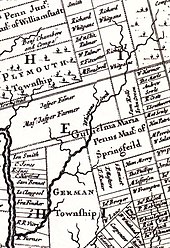 Thomas Holmes' 1687 map showing Wissahickon Creek (here called Whitpaine's creek) in Germantown then north of Philadelphia 1687THolmeMapWissa.jpg