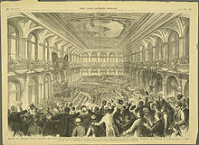 Interior of the Merchants Exchange Building of St. Louis, Missouri, during the announcement of Samuel J. Tilden as the Democratic presidential nominee 1876 Democratic National Convention - Missouri.jpg