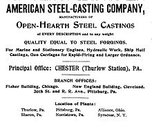 An 1899 advertisement for Standard Steel's successor, the American Steel Casting Company, which was headquartered at Thurlow Works 1899 American Steel Casting Company advertisement.jpg