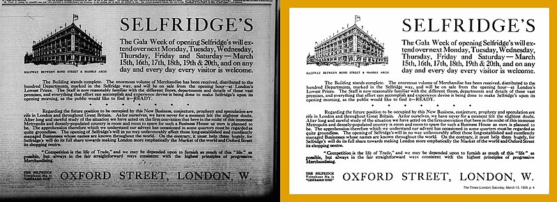 File:1909 Selfridges ad - before and after digital photo image editing correction.jpg