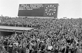 The Hungarian crowd cheers following the conclusion of England's heaviest ever defeat (1-7) 1954 Hungary 7-1 England, (association football friendly) Golden Team.jpg