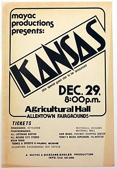 Promotional poster for Kansas' 1976 concert in Allentown, Pennsylvania 1976 - Ag Hall Concert Poster - Allentown Fair - Allentown PA.jpg