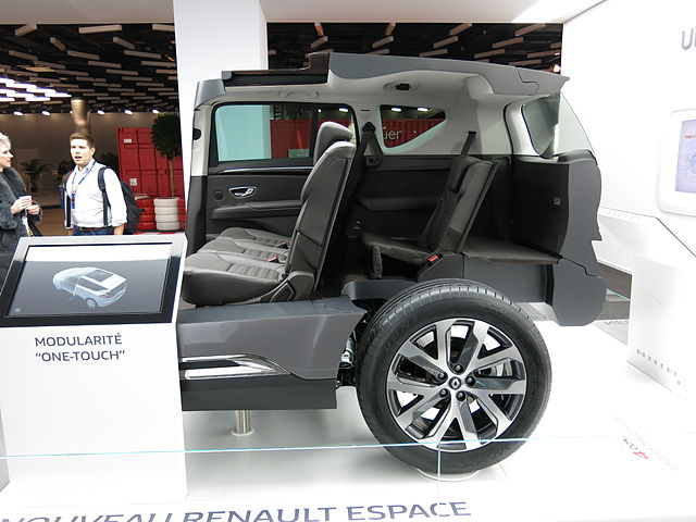 A cutaway Renault Espace V, showcasing its relatively flat floor and third-row seat space