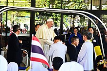 Pope Francis at Saint Louis Hospital (Bangkok) during his visit to Thailand in 2019 2019 Pope Francis visit Saint Louis Hospital by Trisorn Triboon D85 2566.jpg