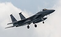 A US Air Force F-15C Eagle, tail number 85-0097, on final approach at Kadena Air Base in Okinawa, Japan. It is assigned to the 44th Fighter Squadron at Kadena AB.