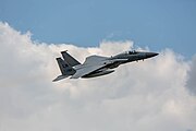 An F-15C Eagle, tail number 86-0160, taking off from RAF Lakenheath in England. The aircraft was assigned to the 493rd Fighter Squadron.