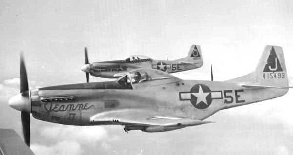 North American P-51D-15-NA Mustangs of the 385th Fighter Squadron. 44-15493 "Jeannie II" in foreground, 44-14322 "Coffin Wit Wings" behind