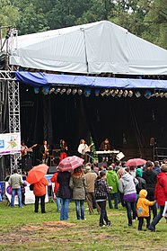 Publiczność na kilkadziesiąt minut przed występem "Śląska". Na scenie folkowo-rockowa grupa Turnioki.