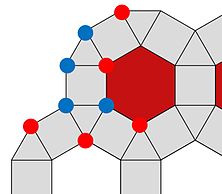 Once a player forms a mill, a common strategy is to sequester relocated tokens into a jail where they cannot form mills. Here Red has jailed four of Blue's tokens. A jail formed during Kensington gameplay.jpg