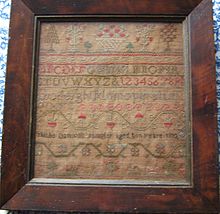 This Sampler was made by Thisbe Danson in 1832. She was great granddaughter to Lachlan MacQuarrie, XVI & last Chief of the Clan MacQuarrie. A sampler made by Thisbe Danson in 1832.jpg