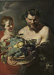 Peter Paul Rubens. Satyr with girl and basket of fruit label QS:Len,"Satyr with girl and basket of fruit" label QS:Lpl,"Satyr z dziewczyną i koszem owoców" label QS:Lnl,"Sater met meisje met vruchtenmand" . circa 1615 date QS:P,+1615-00-00T00:00:00Z/9,P1480,Q5727902 . oil on canvas medium QS:P186,Q296955;P186,Q12321255,P518,Q861259 . 112 × 71 cm (44 × 27.9 in). Vienna, Schönborn-Buchheim.