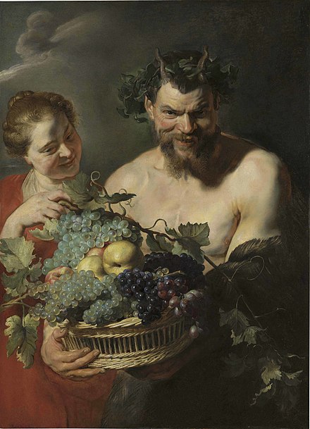 A satyr holding a fruit basket with a nymph by Peter Paul Rubens, clearly another attempt by a satyr to seduce a nymph
