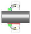 en: mounted bearing with adapter sleeve, slotted nut and safety plate, 180° sectional view, de: mittels Spannhuelse montiertes Pendelrollenlagers im Schnitt.