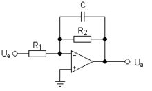 An elementary filter topology introduces a capacitor into the feedback path of an op-amp to achieve an unbalanced active implementation of a low-pass transfer function Aktiver Tiefpass.png