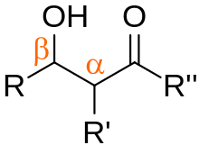 General aldol structure showing the a and positions of carbons relative to the carbonyl. When R is -H, it is an aldol, when R is a carbon, it is a ketol. Aldol general 2.svg