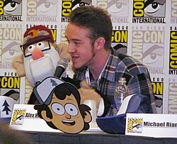 Alex Hirsch and Grunkle Stan puppet at San Diego Comic-Con International 2013.jpg