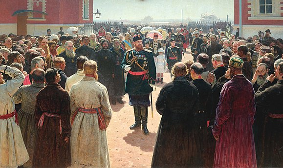 Alexander receiving rural district elders in the yard of Petrovsky Palace in Moscow; painting by Ilya Repin