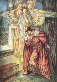 Angel shows a model of Hagia Sofia to Justinian in a vision.png