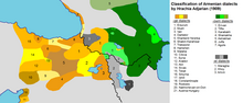 Karta över armeniska dialekter år 1909; västarmeniska dialekter markeras i gul-bruna toner.