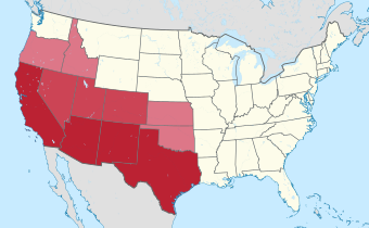 Карта США, отмечена территория с прародиной ацтеков — Ацтлан.