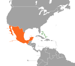 מפה המציינת מיקומים של איי בהאמה ומקסיקו