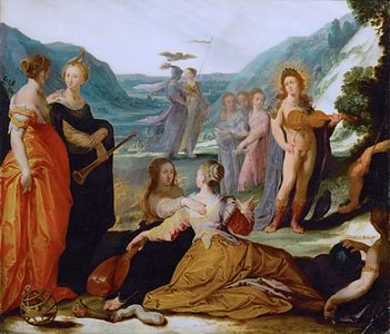 Apollon et les Muses (peinture sur marbre, ap. 1590)