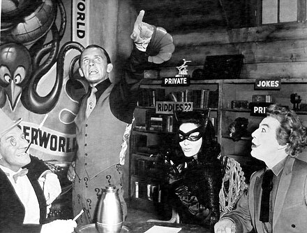 Supervillains of the United Underworld from the 1966 film Batman, a film adaptation of the comic books based on Batman and the 1960s television show of the same name. From left to right: Penguin, Riddler, Catwoman, and Joker.