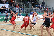 Deutsch: Beachhandball Europameisterschaften 2019 (Beach handball Euro); Tag 6: 7. Juli 2019 – Spiel um Platz Drei, Männer, Ungarn-Russland 2:0 (26:20, 23:22) English: Beach handball Euro; Day 6: 7 July 2019 – Men's Bronze Medal Match – Hungary-Russia 2:0 (26:20, 23:22)