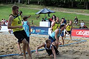 Deutsch: Beachhandball Europameisterschaften 2019 (Beach handball Euro); Tag 1: 2. Juli 2019 – Männer, Vorrunde Gruppe A, Deutschland-Norwegen 2:0 (22:14, 22:20) English: Beach handball Euro; Day 1: 2 July 2019 – Men Preliminary Round Group A – Germany-Norway 2:0 (22:14, 22:20)