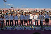 Deutsch: Beachhandball bei den Olympischen Jugendspielen 2018 in Buenos Aires; Tag 7, 13. Oktober 2018; Medaillenzeremonie Jungs - Gold: Spanien, Silber: Portugal, Bronze: Argentinien English: Beach handball at the 2018 Summer Youth Olympics in Buenos Aires at 13 October 2018 – Medal Ceremony Boys - Gold: Spain, Silver: Portugal, Bronze: Argentina Español: Handball de playa en los Juegos Olimpicos de la Juventud Buenos Aires 2018 en 13 de octubre de 2018 – Medalla Ceremonia para niños - Oro: España, Plata: Portugal, Bronce: Argentina