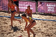 Deutsch: Beachhandball bei den Olympischen Jugendspielen 2018; Tag 3, 10. Oktober 2018; Mädchen, Vorrunde, Gruppe B - Niederlande-Argentinien 2:0 English: Beach handball at the 2018 Summer Youth Olympics at 10 October 2018 – Girls Preliminary Round Group B‎ – Netherlands-Argentina 2:0