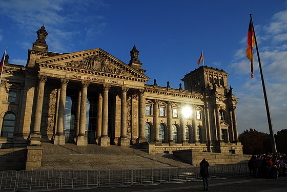 Window reflecting the sun at Reichstag, Berlin, Germany