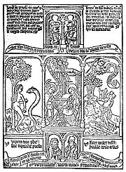 Three episodes from the block book Biblia pauperum illustrating typological correspondences between the Old and New Testaments: Eve and the serpent, the Annunciation, Gideon's miracle BibliaPauperum.jpg