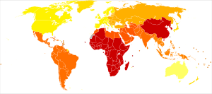 The map of disability-adjusted life years shows the disproportionate impact on the quality of life for persons with bipolar disorder in China and other East Asian countries. Bipolar disorder world map - DALY - WHO2004.svg