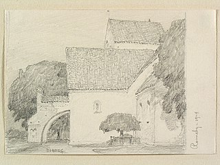 Heliga Kors kyrka tecknad av Ferdinand Boberg 1924.