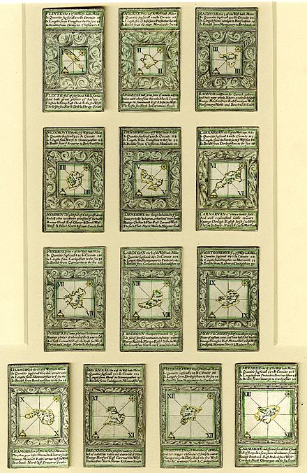 Cards from a 1590 pack illustrating counties of England and Wales, with maps largely copied from an atlas by Christopher Saxton. Engraving by Augustine Ryther, after William Bowes. Bowes Ryther map playing cards.jpg