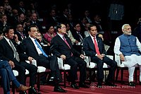 Brunei Darussalam Sultan Haji Hassanal Bolkiah, People's Republic of China Premier Li Keqiang, Cambodia Prime Minister Hun Sen, Indonesia President Joko Widodo, and Indian Prime Minister Narendra Modi at the 31st ASEAN Summit.jpg