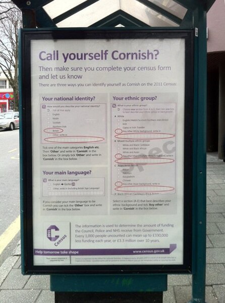 An advert in Cornwall telling people how to describe their ethnicity and national identity as Cornish.