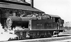 Ex-GWR Collett-designed 5600 Class 0-6-2T No.6682 simmers in April 1951, outside the former TVR railway depot at Cathays Cardiff Cathays Locomotive Depot geograph-2561290-by-Ben-Brooksbank.jpg