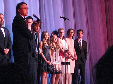 Ishiguro (front) with the cast of the Never Let Me Go film in 2010
