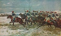 British hussars at the Battle of Benavente, 29 December 1808, by William Barnes Wollen Charge des hussards britanniques a Benavente, le 29 decembre 1808.jpg